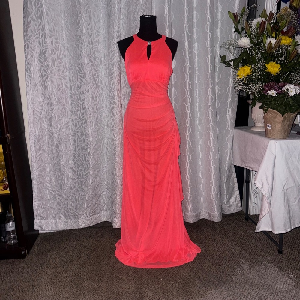 Coral Maxi Dress Size 14 Stretchy Lightweight Silver Neck Detail Elegant Evening